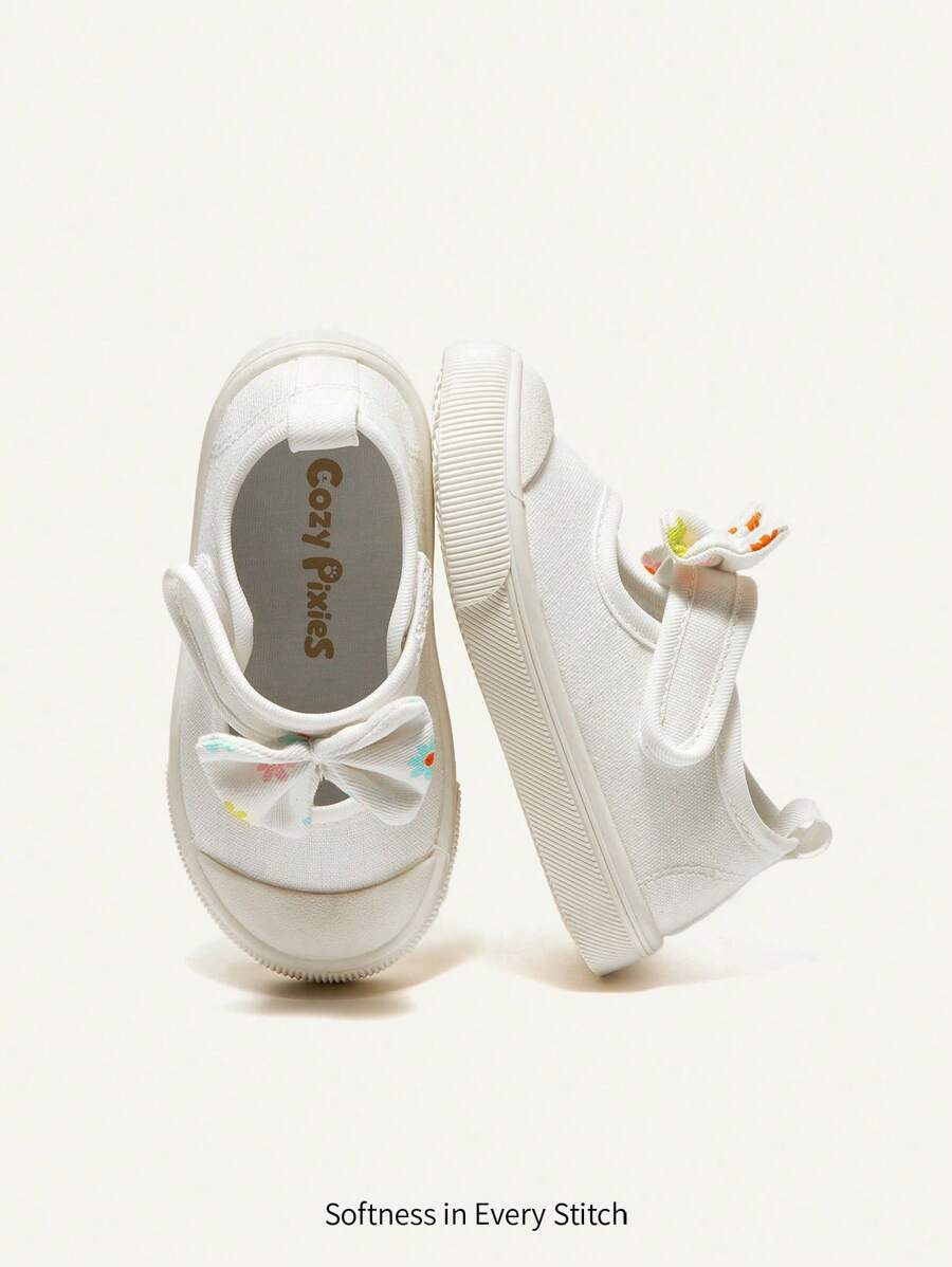 Cozy Pixies 1 Pair Girls Bowknot White Canvas Hook And Loop Flat Fashionable Casual Design Simple Cute Comfortable Sneakers, Suitable For Everyday Wear - White - View 1