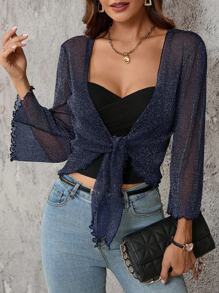 SHEIN Clasi Sheer Tie-Front Ruffle Sleeve Cropped Women Jacket - Navy Blue - View 3
