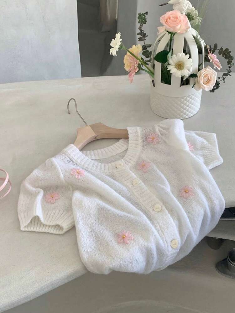 Women Floral Decor Crew Neck Cropped Cardigan, White, Spring/Summer