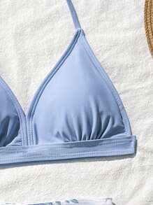 Tween Girl Solid Color Halter Neck Bikini Top And Bottom Swimwear Set - Blue - View 3