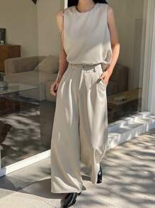 DAZY Women's 2 Pieces Set: Solid Color Loose Tied Camisole And Wide Leg Pants - Apricot - View 3