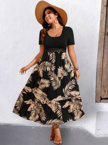 Breezaya 大码女式蕾丝拼布印花束腰长款节日连衣裙