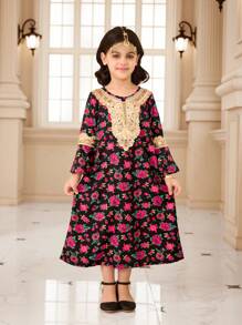 Vestido con estampado floral, cuello dorado y puños acampanados para niñas jóvenes - Negro - Ver 3