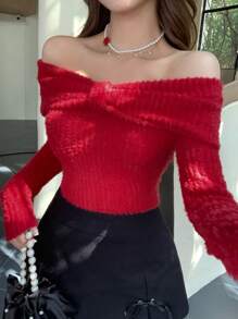 DAZY Valentine's Day Off Shoulder Ruffle Design Women T-Shirt Long Sleeve Women Tops - Red - View 6