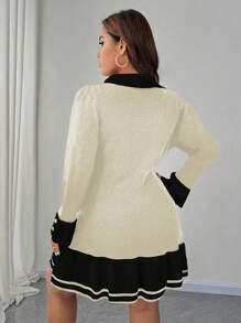 SHEIN Unity Plus Size Women Knit Colorblock Sweater Dress With Ruffle Hem & Button Decor, Elegant Autumn/Winter Dress - Apricot - View 2