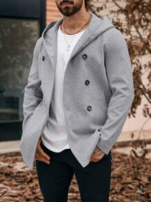 Manfinity Homme 男士冬季纯色双排扣连帽大衣，男友礼物，秋季男士，灰色大衣外出浅灰色休闲大衣，男士连帽大衣，男士灰色大衣，男士双排扣大衣