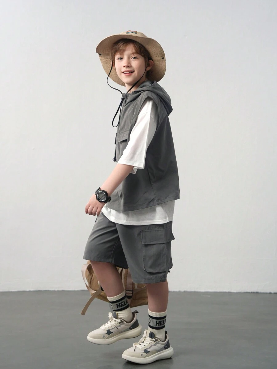 SHEIN 3pcs Tween Boy Casual Vest, Short Sleeve T-Shirt And Shorts Set