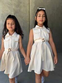 Tween Girl Fashion Sleeveless Windbreaker Woven Fabric Dress, Satin Jacquard Fabric, Elegant Versatile Suitable For Wear Alone, Layering, Casual Or Formal Occasions, Comfortable Suitable For Summer Travel, Holidays, Outings, Great Value - White - View 4