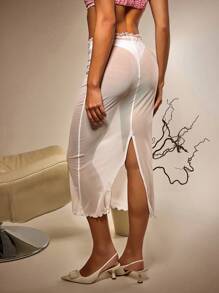 Athîral Women's White Mesh Sheer Ruffle Hem Midi Skirt