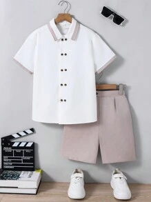 2pcs/Set Kids Tween Boys Casual Conservative Collared Button-Up Short Sleeve Loose Shirt & Woven Shorts Gentlemanly Outfit Set