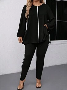 SHEIN LUNE 2pcs Plus Size Knit Patchwork Color Block Loose T-Shirt & Pants Set