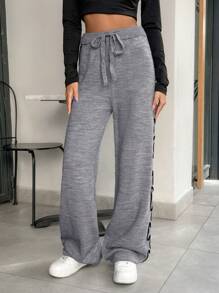 SHEIN PETITE Elegant Contrast Binding Detailed Knitted Pant - Grey - View 5