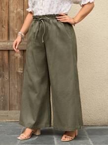 SHEIN LUNE Damen Jeans in Große Größen mit Taillenbindung, Taschen und weitem Bein, Lässig