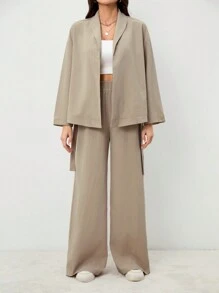 SHEIN Tall 优雅休闲度假/通勤女士领口系带宽松紧身衣搭配高腰软裤，适合秋季和夏季 - 卡其色 - 查看 5