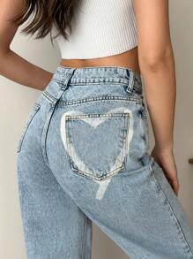 EURMUSE HIGH RISE STRAIGHT JEAN WITH HEART DETAIL - Light Wash - View 3