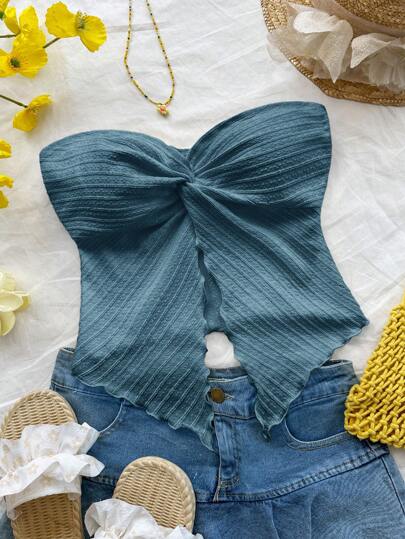 Soleia 女士芥末色针织纹理扭纹前开衩下摆短款上衣，适合下午茶时间、街头、度假、秋冬分层搭配和派对