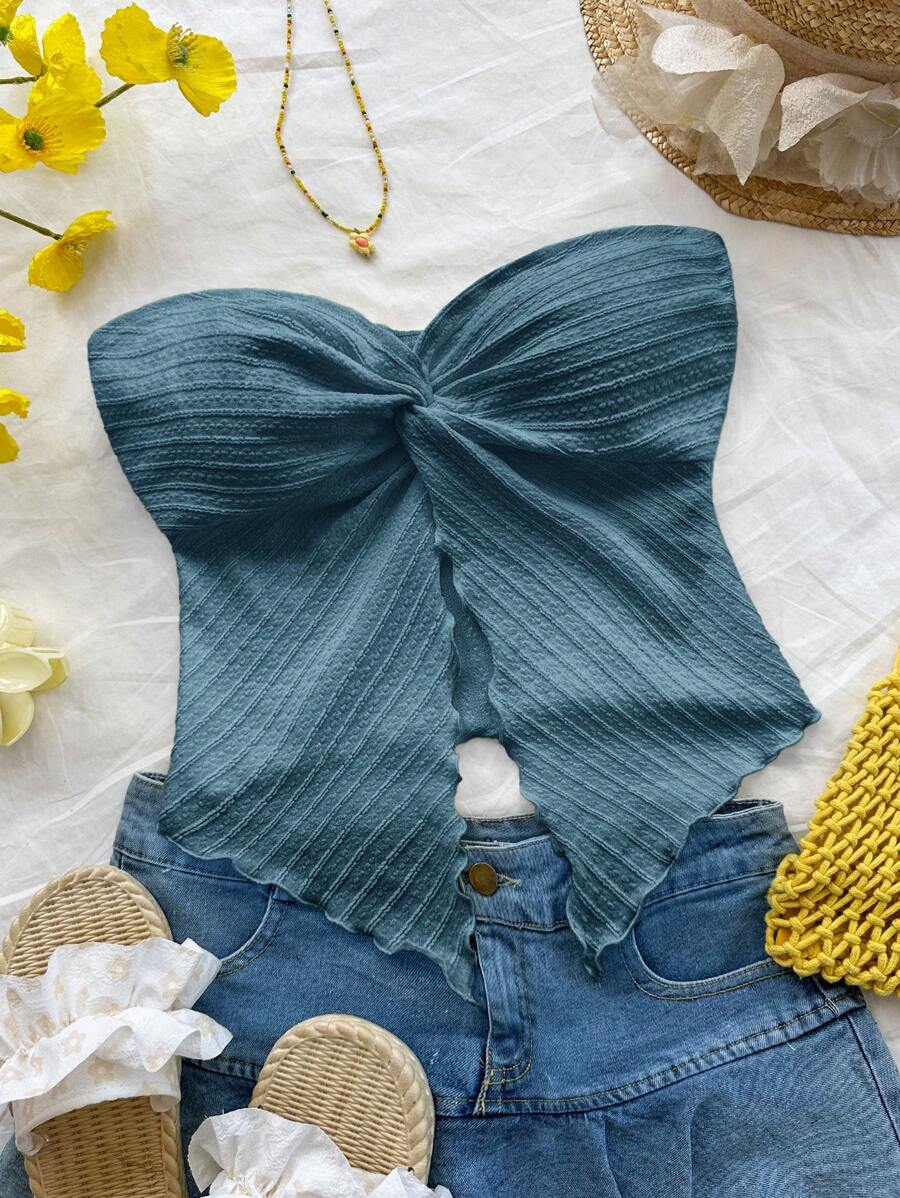 Soleia 女士芥末色针织纹理扭纹前开衩下摆短款上衣，适合下午茶时间、街头、度假、秋冬分层搭配和派对 - 藍色 - 查看 1