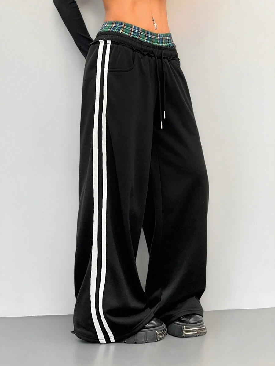 SHEIN EZwear 女士基本款格子拼色运动裤 - 黑色 - 查看 1