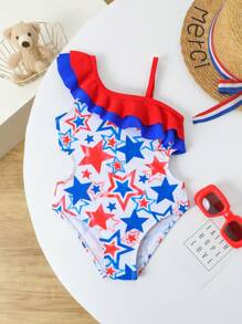SHEIN Young Girl Solid Color Splicing Simple Fitted One-Piece Swimsuit - Red and White - View 1