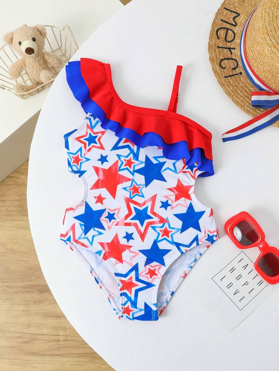 SHEIN Young Girl Solid Color Splicing Simple Fitted One-Piece Swimsuit - Red and White - View 1