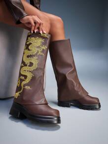 CUCCOO GRLICON Women's Dragon Embroidered Over-The-Knee Boots, Y2K Punk Style, Suitable For Halloween, Christmas, Party Outfits - Brown - View 3