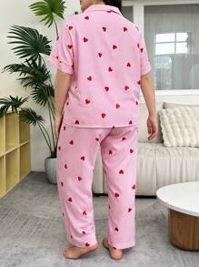 Slumberry CURVE Bộ đồ ngủ tay ngắn in hình trái tim sọc hồng cỡ lớn kèm quần dài cho ngày lễ tình nhân - Hồng - Xem 2