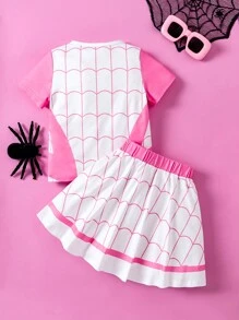 SHEIN Playful Pals 2 件套年轻女孩休闲蜘蛛印花圆领短袖上衣和裙子，适合户外玩耍、游乐园、居家、学校、化妆舞会、春夏 - 粉色 - 查看 2