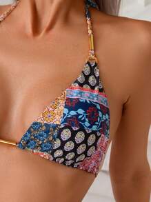 SHEIN Swim Conjunto de bikini de 2 piezas con estampado triangular al azar vintage bohemio nuevo de verano para mujeres