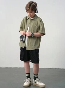 SHEIN Leap Crew Tween Boy Casual Loose Fit Shirt With Large Front Pockets And Pants 2 Pieces Set - Army Green - View 5