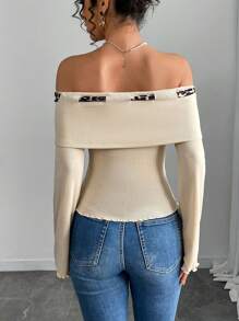 Elenzga Top elegante; camiseta assimétrica plissada de manga comprida bege sólida, outono/primavera; camiseta feminina de malha com ombros de fora e ajuste fino; adequada para encontros - Damasco - Ver 2