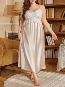 Plus Size French Palace Inspired Delicate Lace Long Faux Silk Camisole Nightgown And Double Ruffle Sleeve Design Robe Set, Fall Winter Clothes - Champagne - View 3