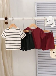 SHEIN 4 件套男童/女童韩版休闲可爱卡通条纹短袖 T 恤和松紧腰工装短裤夏季服装 - 彩色 - 查看 2