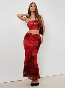 Chiquease Conjunto de 2 piezas para mujer compuesto por top tipo bustier con estampado de encaje romántico + falda tipo cola de pez de talle bajo - Multicolor - Ver 3