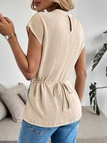 SHEIN Unity Women Linen Look Sleeveless Belted Casual Blouse, Suitable For Summer Vacation - Khaki - View 2