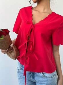 SHEIN Essnce 情人节红色短袖衬衫女春夏宽松休闲前后系带蕾丝衬衫上衣 - 紅色 - 查看 5