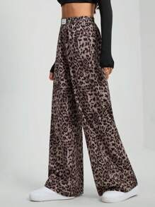 SHEIN Tall Women's Leopard Print Woven Waistband Patchwork Wide Leg Street Trousers