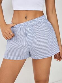 SHEIN PETITE Women's Button-Up Striped Beach Vacation Shorts