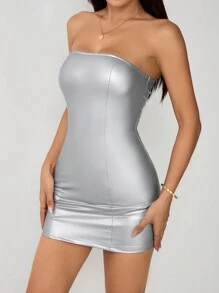 SHEIN PETITE 青春街头音乐节酒红色pu抹胸紧身超短女装 - 銀色 - 查看 3