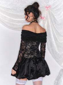 ROMWE Kawaii Váy mini ren peplum hở vai trang trí nơ dễ thương ngày lễ tình nhân cho nữ - màu đen - Xem 4