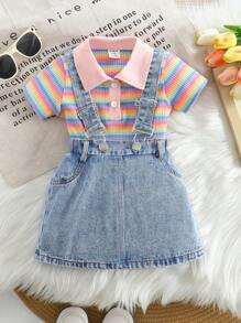 SHEIN Baby Girls Rainbow Striped Knitted Shirt Tee & Adjustable Suspender Skirt 2pcs Set - Multicolor - View 8