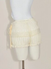 SHEIN Sweetina 修身半透明雪纺褶皱短裤 - 米色 - 查看 2