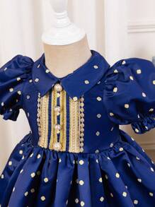 SHEIN Summer Cute Polka Dot Fancy Blue Short Sleeve Babygirl Dress - Blue - View 7