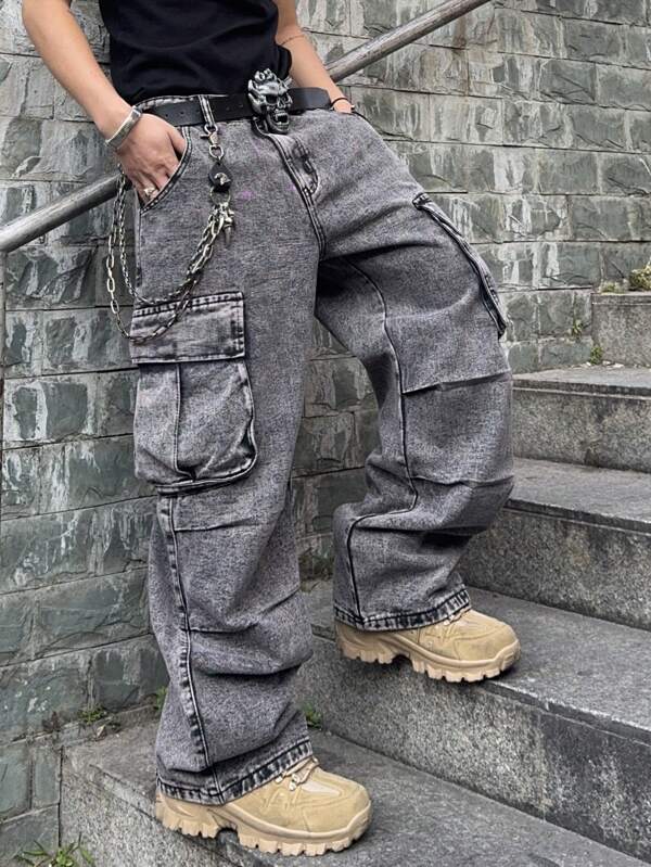 Manfinity EMRG Pantalones vaqueros con bolsillo con solapa y paneles laterales de corte holgado para hombre (sin cinturón)