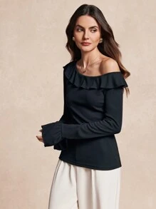 SHEIN Unity Women's Elegant Ruffle Collar Blouse Fall Cloth For Women - Black - View 3