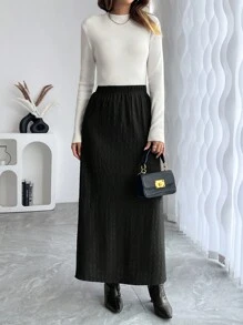 SHEIN Clasi Falda recta de cintura elástica de unicolor minimalista de línea A, para uso diario casual