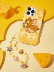 TOM & JERRY X SHEIN 亚克力卡通设计时尚可爱黄色手工心形串珠手机链手机挂绳