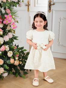 Váy xòe vải họa tiết hoa cho bé gái, phong cách công chúa thanh lịch và mơ mộng - Màu be - Xem 3