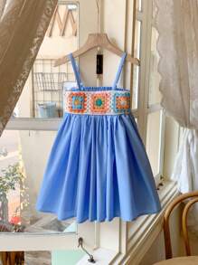 SHEIN Young Girls' French Elegant Blue Crochet Floral Slip Dress, Spring/Summer - Blue - View 1