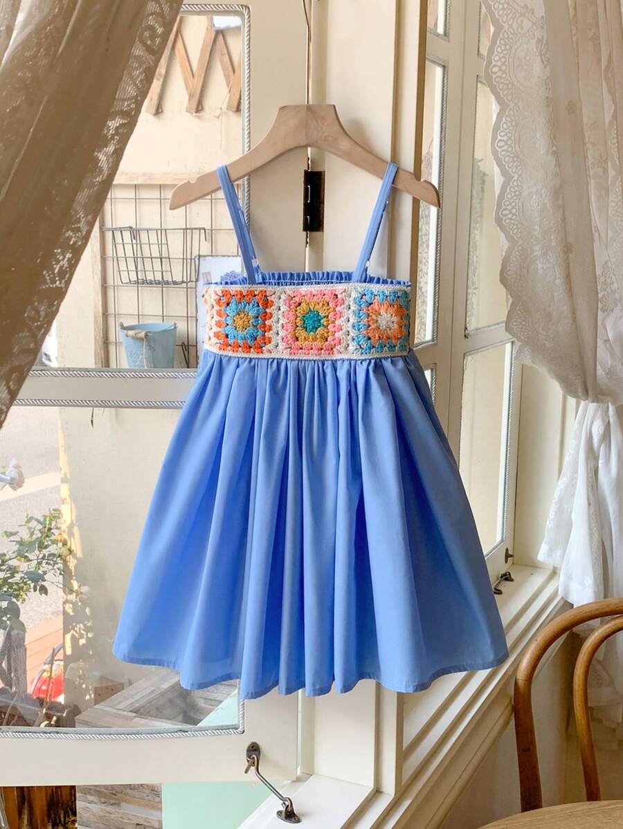 SHEIN Young Girls' French Elegant Blue Crochet Floral Slip Dress, Spring/Summer - Blue - View 1