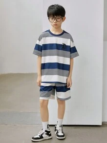 Tween Boy 2 Pieces Set,Blue White Stripe Crew Neck Short Sleeve Top And Shorts Outfit,Casual Modern Street Style For School,Back-To-School,Summer - Multicolor - View 3